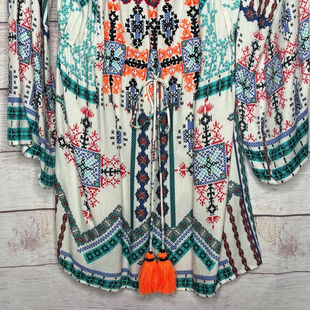Hemant & Nandita Boho Off Sholder Embroidered Tassel Smocked Mini Dress Medium - Picture 9 of 15